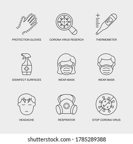 Set of Vector Linear Icons for Headache, Respirator, Stop Corona Virus and more. Collection of 9 COVID-19 Icons.