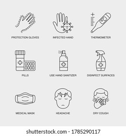  Set of Vector Linear Icons for Headache, Dry Cough, Protection Gloves and more. Collection of 9 COVID-19 Icons.