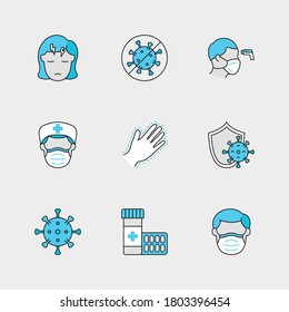 Set of Vector Linear Icons for Headache, Stop Corona Virus, Check Temperature and more. Collection of 9 COVID-19 Icons.