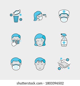 Set of Vector Linear Icons for Headache, Avoid Contact, Used Mask and more. Collection of 9 COVID-19 Icons.
