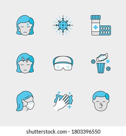 Set of Vector Linear Icons for Headache, Protection Glasses, Used Mask and more. Collection of 9 COVID-19 Icons.