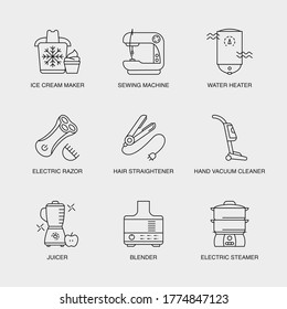 Set of Vector Linear Icons for Ice Cream Maker, Sewing Machine, Water Heater and more. Collection of 9  Household Icons.