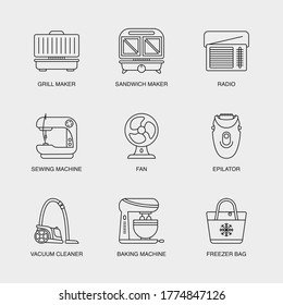 Set of Vector Linear Icons for Ice Cream Maker, Sewing Machine, Water Heater and more. Collection of 9  Household Icons.