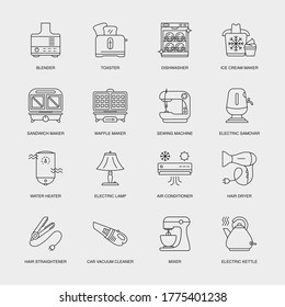 Set of Vector Linear Icons for Ice Cream Maker, Sandwich Maker, Waffle Maker and more. Collection of 16 Household Icons.