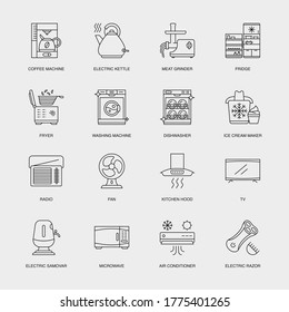 Set von Vektorgrafiksymbolen für Eis-Cream-Maker, Radio, Lüfter und mehr. Sammlung von 16 Haushalts-Symbolen.
