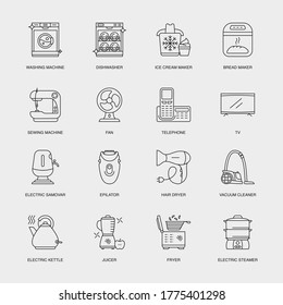 Set of Vector Linear Icons for Ice Cream Maker, Bread Maker, Sewing Machine and more. Collection of 16 Household Icons.