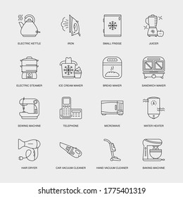 Set of Vector Linear Icons for Ice Cream Maker, Bread Maker, Sandwich Maker and more. Collection of 16 Household Icons.