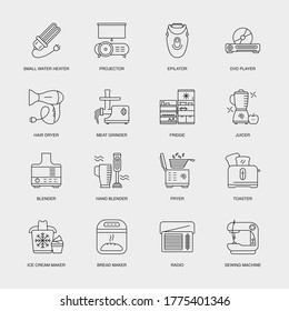 Set of Vector Linear Icons for Ice Cream Maker, Bread Maker, Radio and more. Collection of 16 Household Icons.