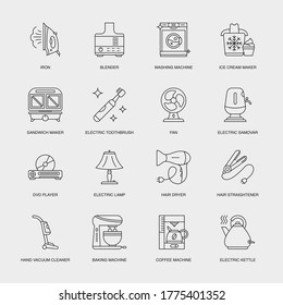 Set of Vector Linear Icons for Ice Cream Maker, Sandwich Maker, Electric Toothbrush and more. Collection of 16 Household Icons.