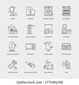 Set of Vector Linear Icons for Ice Cream Maker, Coffee Grinder, Projector and more. Collection of 16 Household Icons.