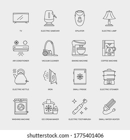 Set of Vector Linear Icons for Ice Cream Maker, Electric Toothbrush, Small Water Heater and more. Collection of 16 Household Icons.