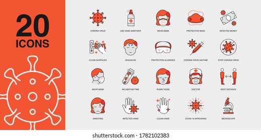 Set of Vector Linear Icons for Infected Money, Clean Surfaces, Headache and more. Collection of 20 covid Icons.