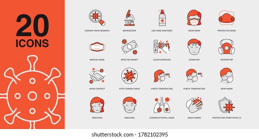 Set of Vector Linear Icons for Infected Money, Hand Sanitizer, Avoid Contact and more. Collection of 20 covid Icons.