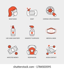 Set of Vector Linear Icons for Infected Money, Respirator, Avoid Contact, Soap, Cleaning Spray, Hand Sanitizer and more. Collection of 9 COVID-19 Icons.