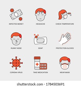 Set of Vector Linear Icons for Infected Money, Headache, Check Temperature, Soap, Rubber Gloves and more. Collection of 9 COVID-19 Icons.