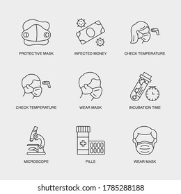 Set of Vector Linear Icons for Infected Money, Check Temperature, Incubation Time, Take Medication, Microscope and more. Collection of 9 COVID-19 Icons.