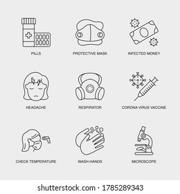 Set von Vektorgrafik-Symbolen für infiziertes Geld, Kopfschmerzen, Respirator und mehr. Sammlung von 9 COVID-19 Symbolen.