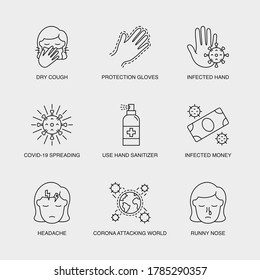 Set of Vector Linear Icons for Infected Money, Headache, Corona Attacking World and more. Collection of 9 COVID-19 Icons.