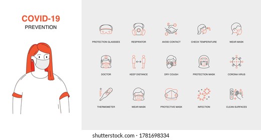 Set of Vector Linear Icons for Infection, Keep Distance, Thermometer and more. Collection of 15 COVID-19 Icons.