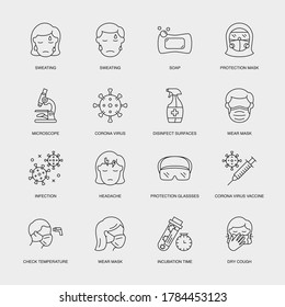 Set of Vector Linear Icons for Infection, Headache, Protection Glasses and more. Collection of 16 COVID-19 Icons.