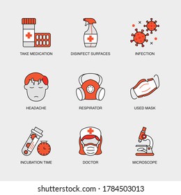 Set of Vector Linear Icons for Infection, Headache, Respirator, Incubation Time, Rake Medication and more. Collection of 9 COVID-19 Icons.