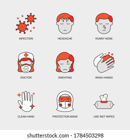 Set Of Vector Linear Icons For Infection, Headache, Runny Nose, Disposable Wet Wipes, Washing Hands And More. Collection Of 9 COVID-19 Icons.