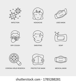 Set of Vector Linear Icons for Infection, Headache, Used Mask and more. Collection of 9 COVID-19 Icons.