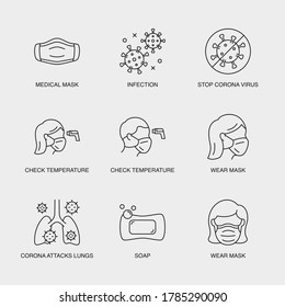 Set of Vector Linear Icons for Infection, Stop Corona Virus, Check Temperature and more. Collection of 9 COVID-19 Icons.