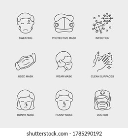 Conjunto de Iconos Lineales Vectoriales para Infección, Máscara Usada, Máscara de Oso y más. Colección de 9 iconos COVID-19.