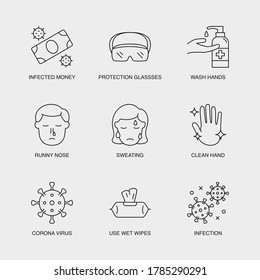 Set of Vector Linear Icons for Infection, Infected Money, Protection Glasses and more. Collection of 9 COVID-19 Icons.