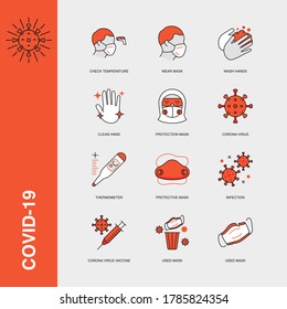 Set von Vektorgrafik-Linear-Symbolen für Infektionen, Corona-Virus-Impfstoff, gebrauchte Maske und mehr. Sammlung von 12 COVID-19 Symbolen.