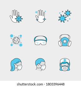 Set of Vector Linear Icons for Infection, Corona Attacking World, Protection Glasses and more. Collection of 9 COVID-19 Icons.