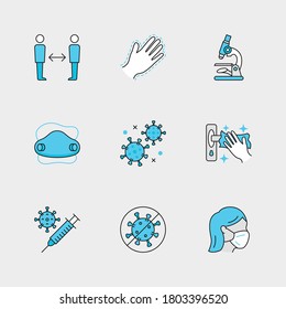 Set of Vector Linear Icons for Infection, Clean Surfaces, Corona Virus Vaccine and more. Collection of 9 COVID-19 Icons.