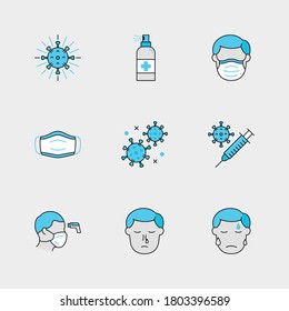 Set of Vector Linear Icons for Infection, Corona Virus Vaccine, Check Temperature and more. Collection of 9 COVID-19 Icons.