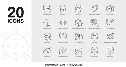 Set of Vector Linear Icons for Keep Distance, Headache, Corona Attacking World and more. Collection of 20 COVID-19 Icons.