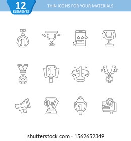 Set of vector linear icons. Materials for your business projects, presentations, design concepts. Awards, first place thin line icons set isolated on white.