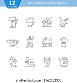 Set of vector linear icons. Materials for your business projects, presentations, design concepts. Coffee thin line icons set.