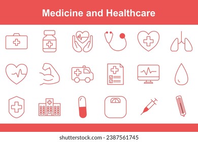 Conjunto de iconos lineales vectoriales Medicina y Salud, Stethoscope, Ambulancia, Sangre, Inyección, Termómetro, Cápsula
