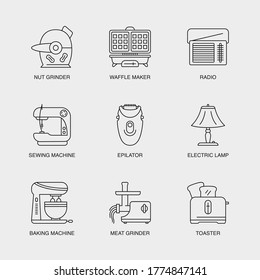 Set of Vector Linear Icons for Nut Grinder, Waffle Maker, Radio and more. Collection of 9  Household Icons.