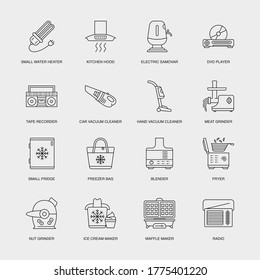 Set of Vector Linear Icons for Nut Grinder, Ice Cream Maker, Waffle Maker and more. Collection of 16 Household Icons.