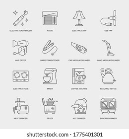 Set of Vector Linear Icons for Nut Grinder, Sandwich Maker, Electric Toothbrush and more. Collection of 16 Household Icons.