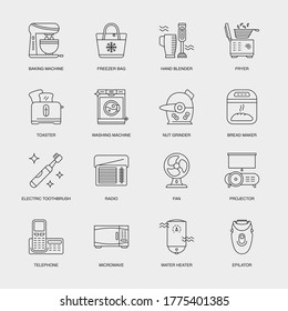 Set of Vector Linear Icons for Nut Grinder, Bread Maker, Electric Toothbrush and more. Collection of 16 Household Icons.