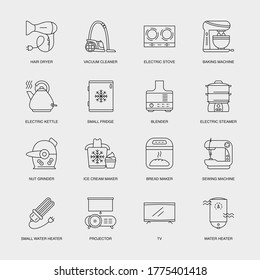 Set of Vector Linear Icons for Nut Grinder, Ice Cream Maker, Bread Maker and more. Collection of 16 Household Icons.
