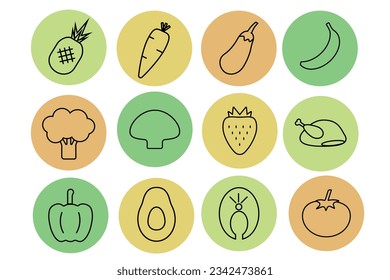 Set of vector linear icons of nutrition products on colored circles for the design of websites, mobile applications, advertising and other design