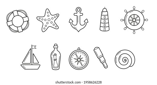 a set of vector linear icons on the theme of navigation, a lifebuoy, a starfish, a steering wheel, an anchor, a lighthouse, a boat, a telescope, a message in a bottle, a compass, a shell