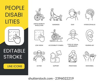 Set of vector linear icons of people with disabilities. These editable stroke icons cover a variety of needs from hydrocephalus to blindness, wheelchair ramps and hearing aids.