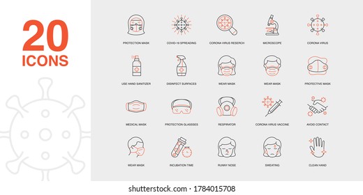 Set of Vector Linear Icons for Protection Glasses, Respirator, Corona Virus Vaccine and more. Collection of 20 COVID-19 Icons.