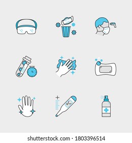 Set of Vector Linear Icons for Protection Glasses, Used Mask, Check Temperature and more. Collection of 9 COVID-19 Icons.