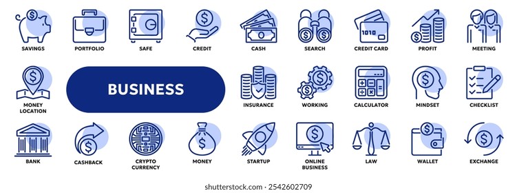 Conjunto de iconos lineales de Vector relacionados con la gestión empresarial, finanzas, dinero. Símbolos para Sitio web o App ui, diseño de logotipo, ilustración