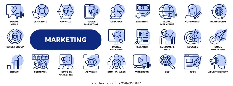 Set of vector linear icons related to digital marketing, social media advertising, promotion. Symbols for website or app ui, logo design, illustration